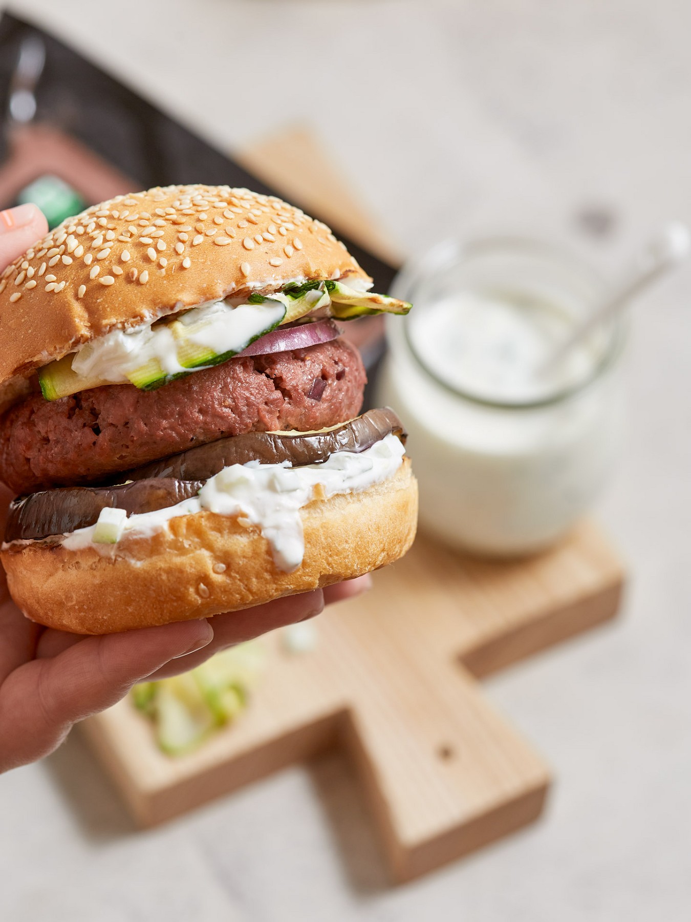 Burger with grilled vegetables, yogurt sauce and Eat me at - Photo №7