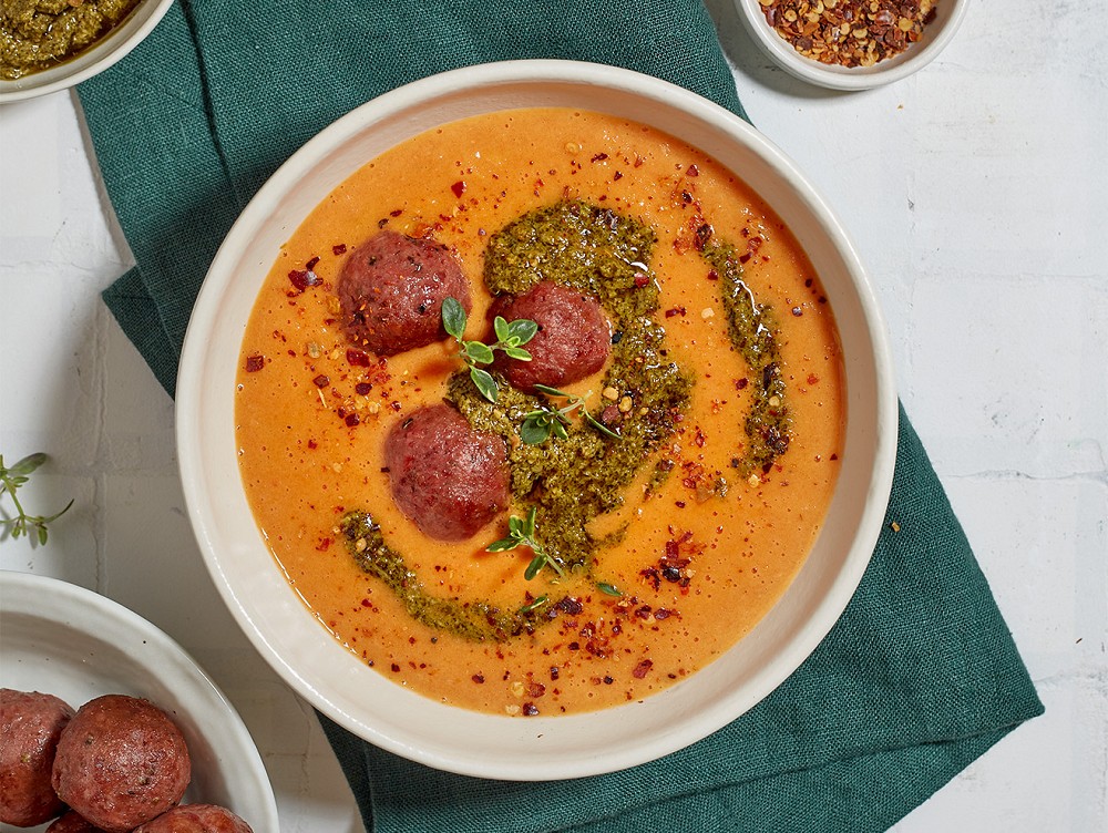 Simple tomato soup from baked vegetables with meatballs Eat me at